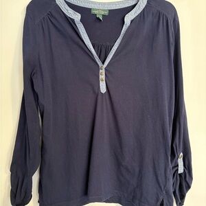Lauren Ralph Lauren Womens Top Large Navy V-neck Denim Trim Long Sleeve
